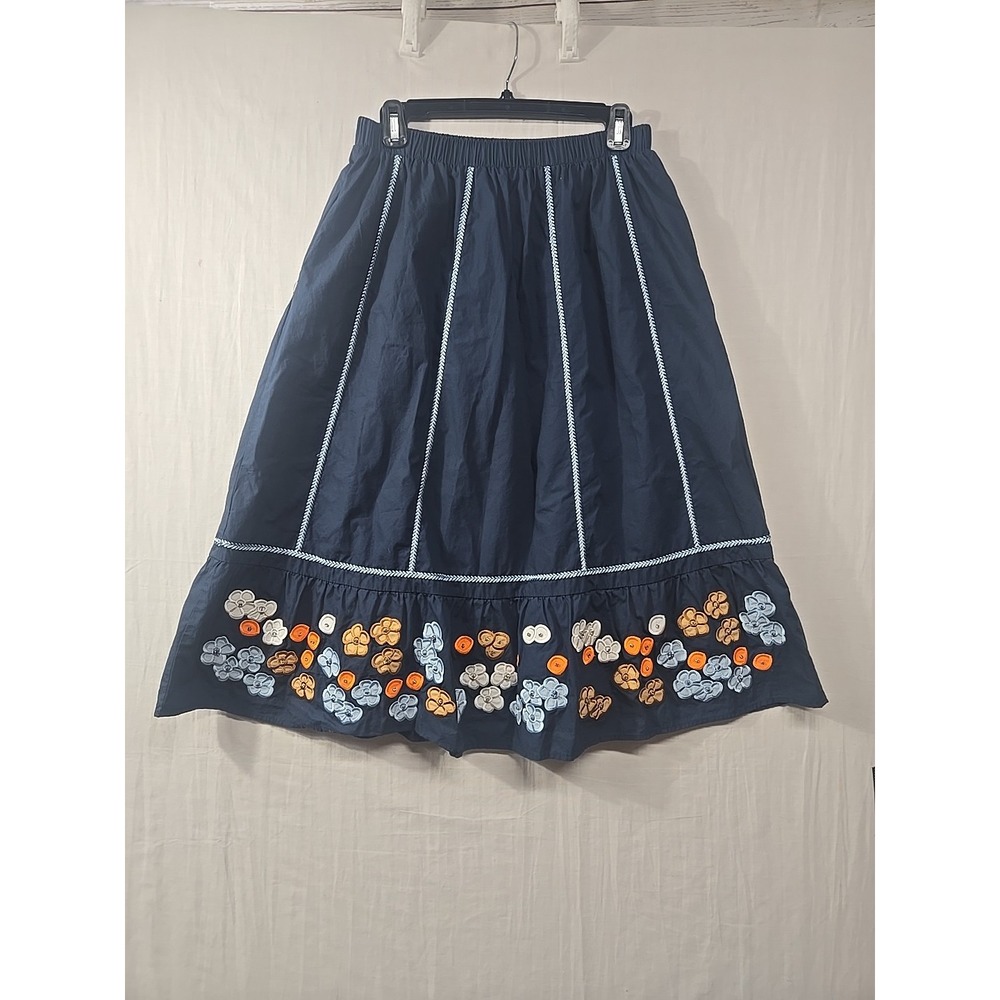 Navy Midi Skirt with Embroidered Floral Hem